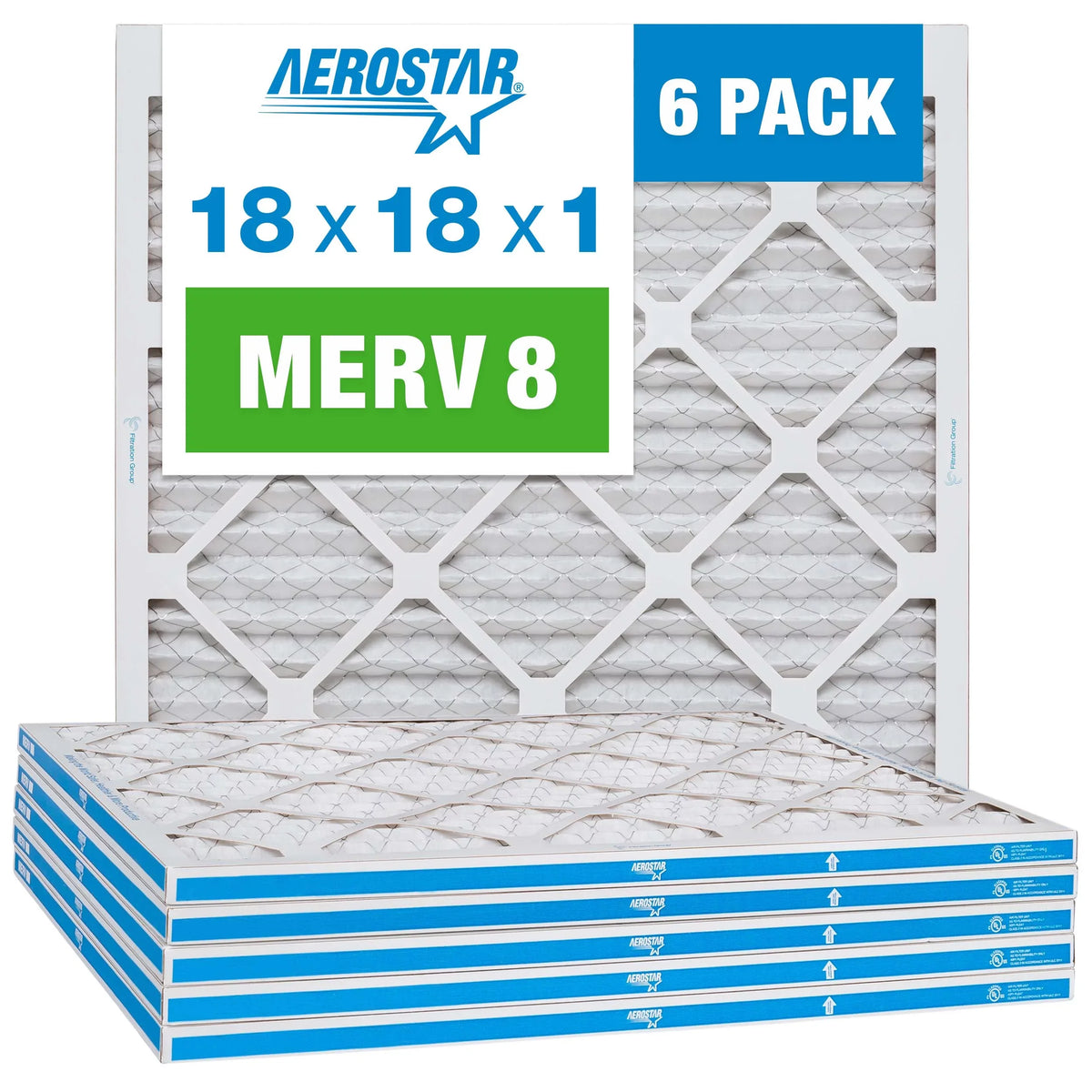 Aerostar 18x18x1  8 Pleated Air Filter,  Furnace Air Filter, 6 Pack