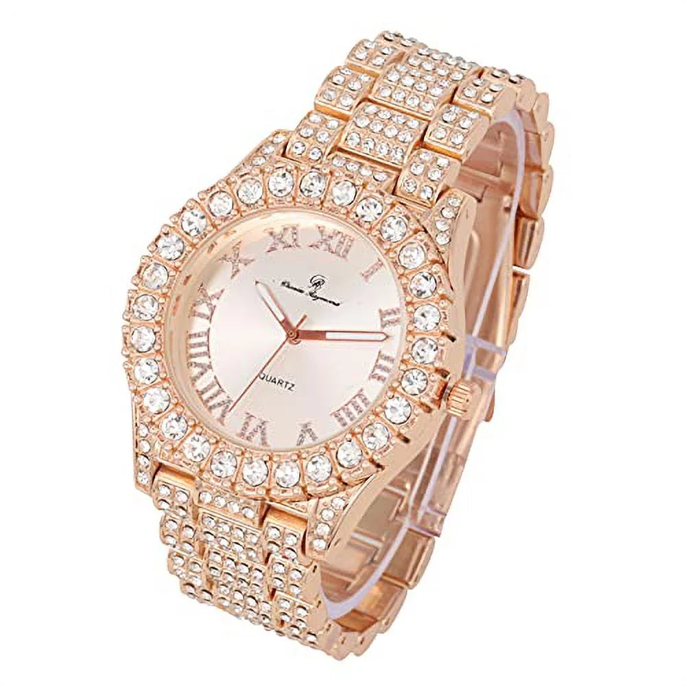 Charles Raymond Mens Silver Big Rocks with Roman Numerals Fully Iced Out Colorful Dial Wristwatch w/Blinged Out Cuban Shiny Silver Bracelet - ST10327  Cuban (Rose Gold)