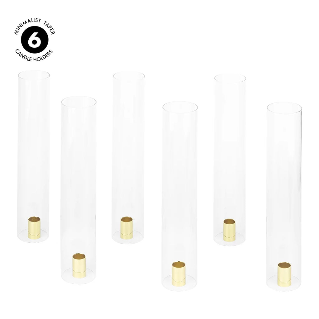 Koyal Wholesale Minimalist Taper Candle Holders with Hurricane Glass for Weddings Centerpieces, 14" Tall, Set of 6