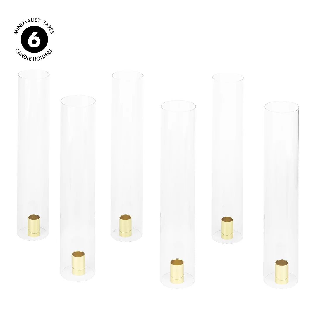 Koyal Wholesale Minimalist Taper Candle Holders with Hurricane Glass for Weddings Centerpieces, 14" Tall, Set of 6