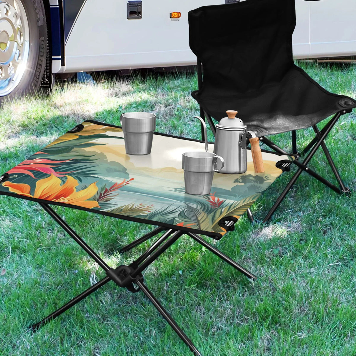 Palm Leaves Landscape Camping Folding Table Portable Beach Table with Storage Bag Compact Picnic Table for Outdoor Travel Fishing
