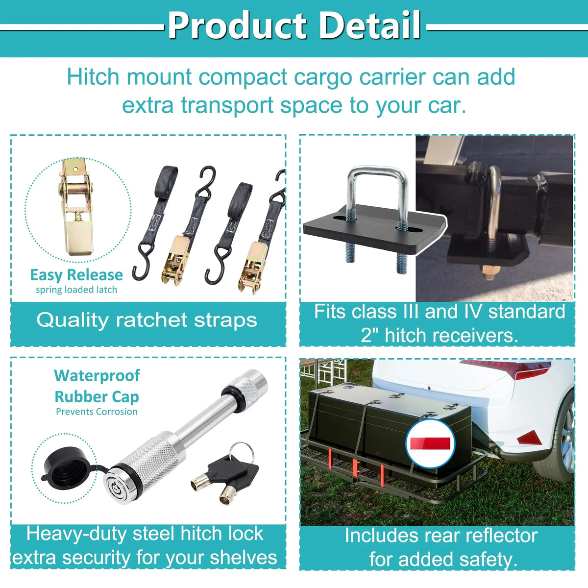 60" x 24" x 6" Hitched Mounted Folding Cargo Basket with Cargo Net, 500lb Capacity for Car  Truck Trailer, Black
