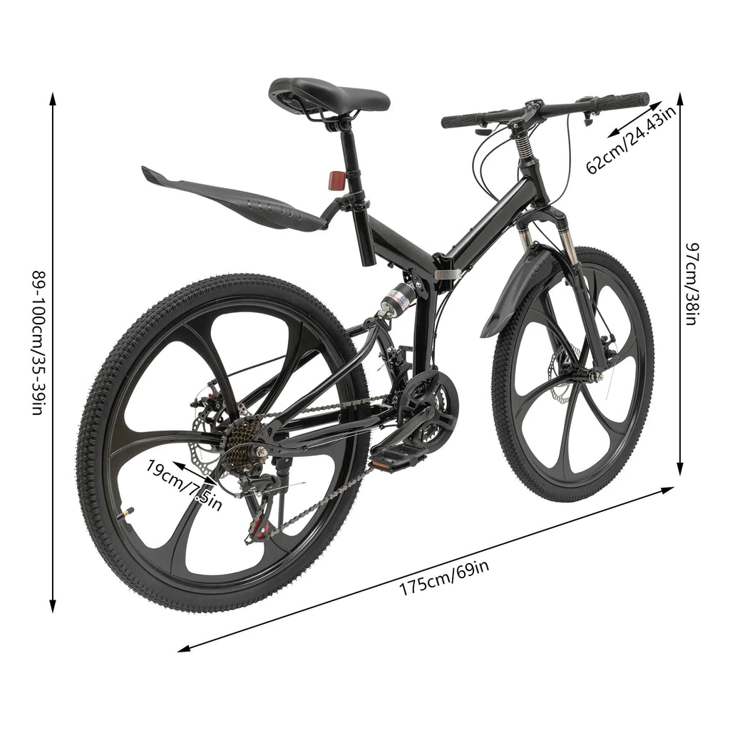 Folding Mountain Bike, 26" 21-Speed Height Adjustable Steel Frame Shifter City Bicycle for Men & Women Double Disc Brake Black