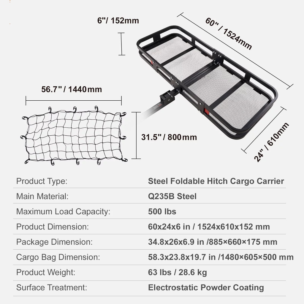 Hitch Mount Cargo Carrier 60x24x6in 500lb Foldable Steel Cargo Basket with Waterproof Bag Cargo Net Ratchet Straps Fits 2" Receiver
