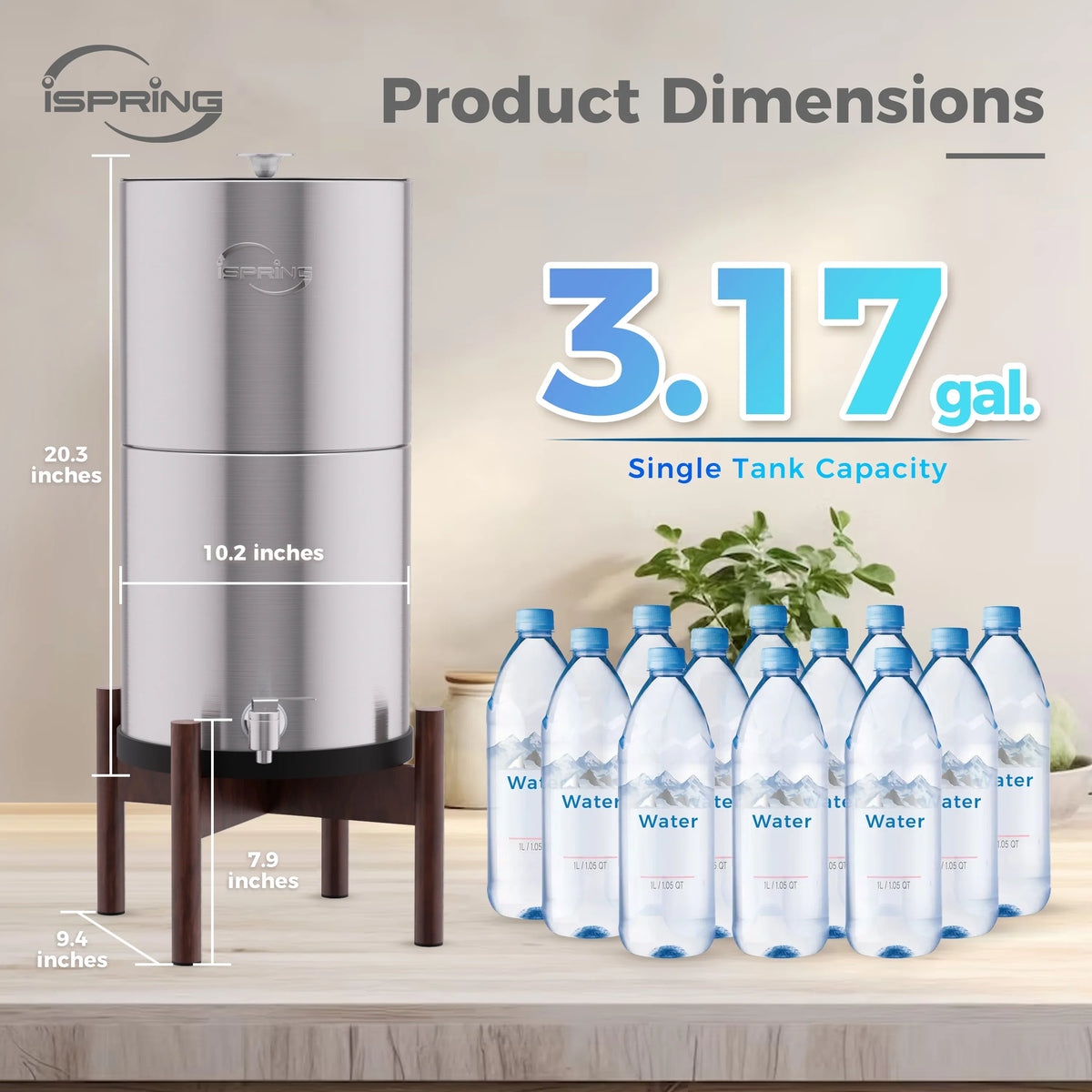 iSpring DGF2- Gravity-Fed Stainless Steel Countertop Water Filter System with Dark Wood Base,3.17 Gallons with 2 Activated Carbon Water Filters,Chlorine Reduction,Portable Water Filter
