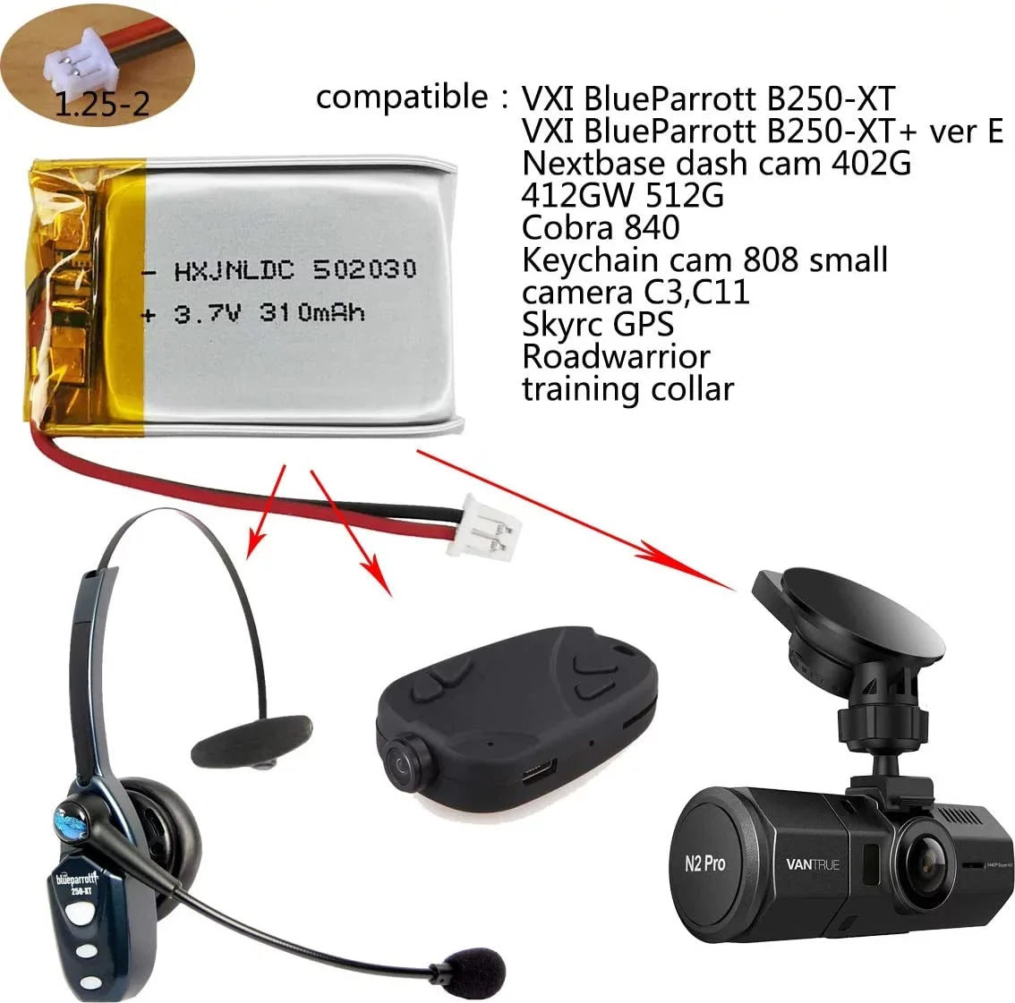 3.7V 310mah 502030 y for  BlueParrott B250- Bluetooth y Replacement dashcam Nextbase Dash cam