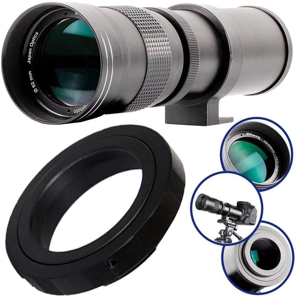 Ultimaxx 420-800mm f/8.3-16 Super  Manual Telephoto Zoom T-Mount Lens Kit for Nikon F-Mount D6, D5, D4, D850, D810, D800, D780, D750, D610, D600, D7500, D7200, D5600, D5500, D5300, D3500 and D3400 D