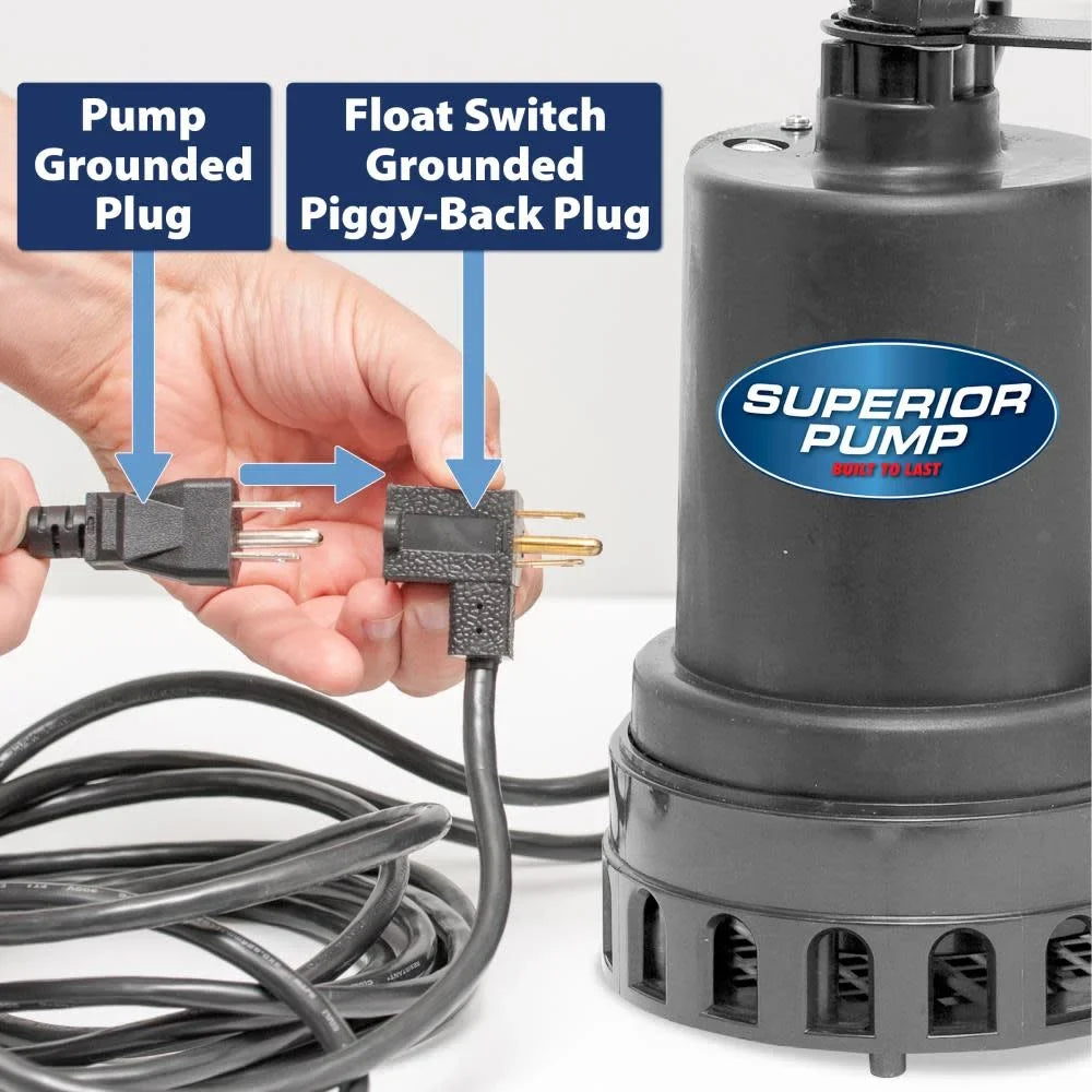 Superior Pump 92572 1/2  Thermoplastic Submersible Water Sump Pump with Vertical Float Switch, Black