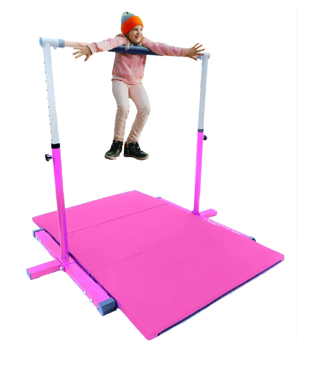 Athletic Bar Expandable Gymnastics Kip Bar for Kids with 6’x4’ Gymnastics Mat and Cushioned Handrail, Height Adjustable 3 to 5  Horizontal Bar, Gymnastic Bar for Junior Gymnasts Training Bar Pink
