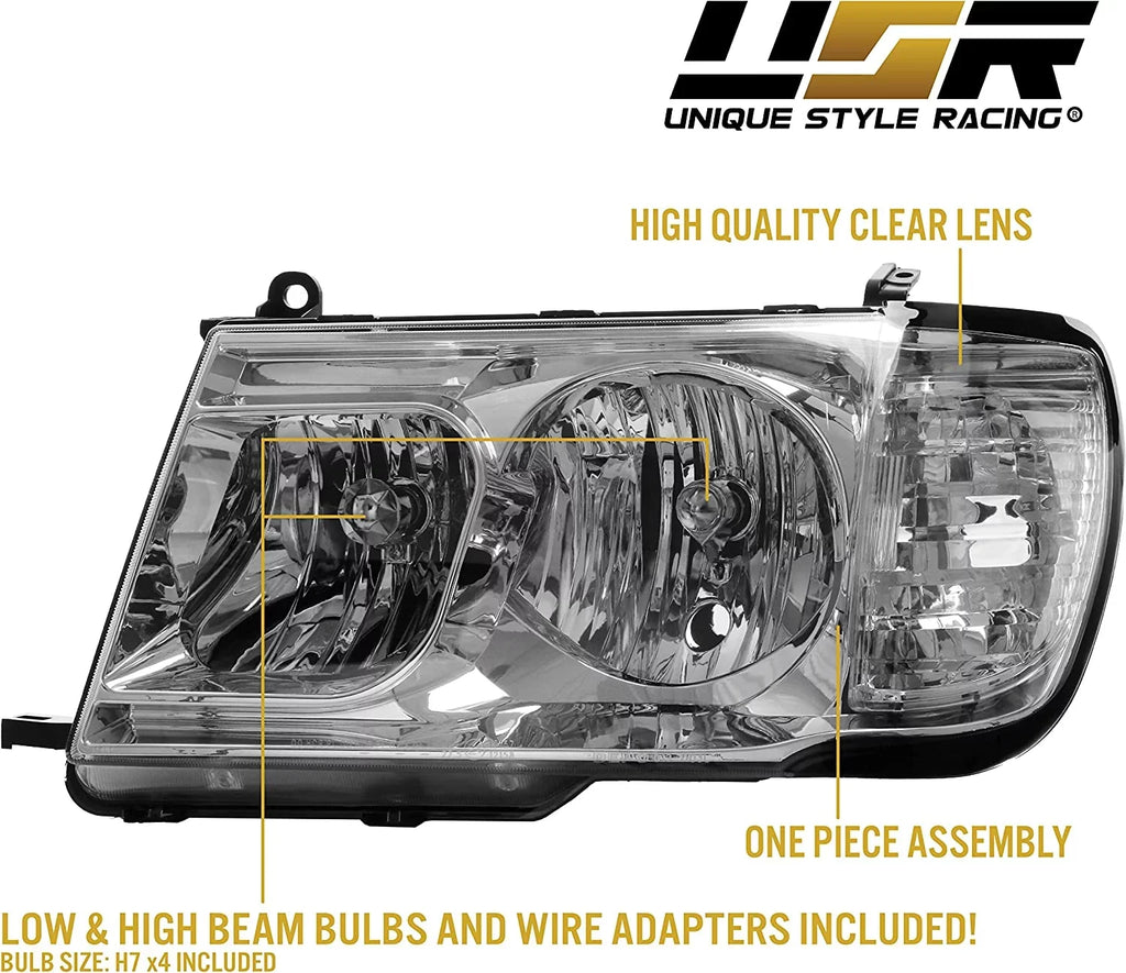 FJ100 Headlights - Headlamps Set (Left + Right) Compatible with 1998-2005 Toyota Land Cruiser  100 (Euro Style with Clear Corner  Piece Design)