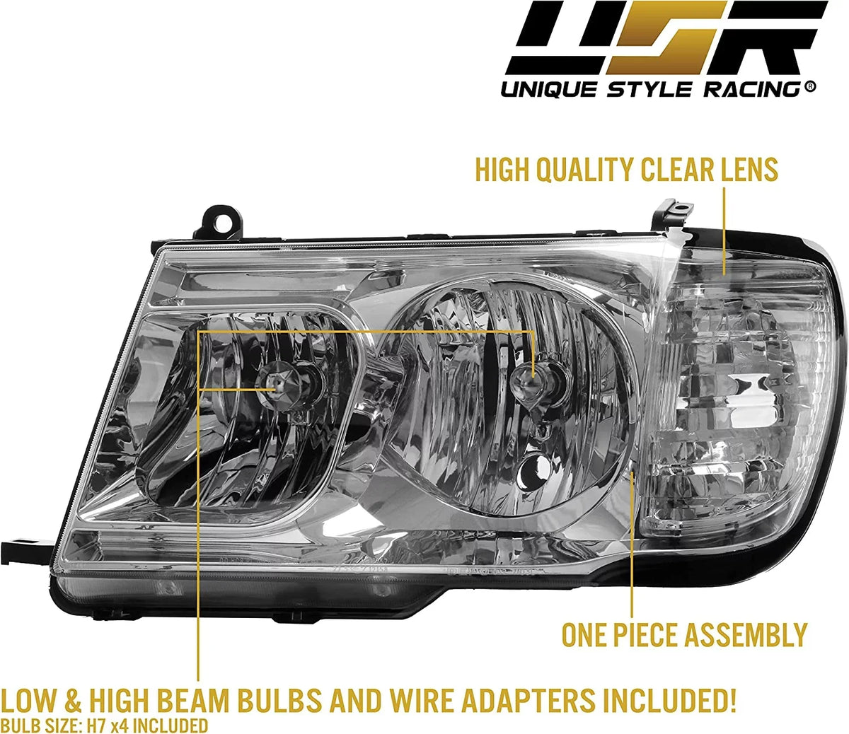 FJ100 Headlights - Headlamps Set (Left + Right) Compatible with 1998-2005 Toyota Land Cruiser  100 (Euro Style with Clear Corner  Piece Design)
