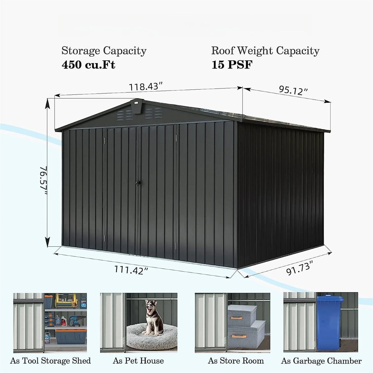 CoSoTower Outdoor Storage Shed 10'X 8', Metal Garden Shed for Bike, Trash Can, Tools, Galvanized Steel Outdoor Storage Cabinet with Lockable Door for Backyard, Patio, Lawn (10X8ft, Black)