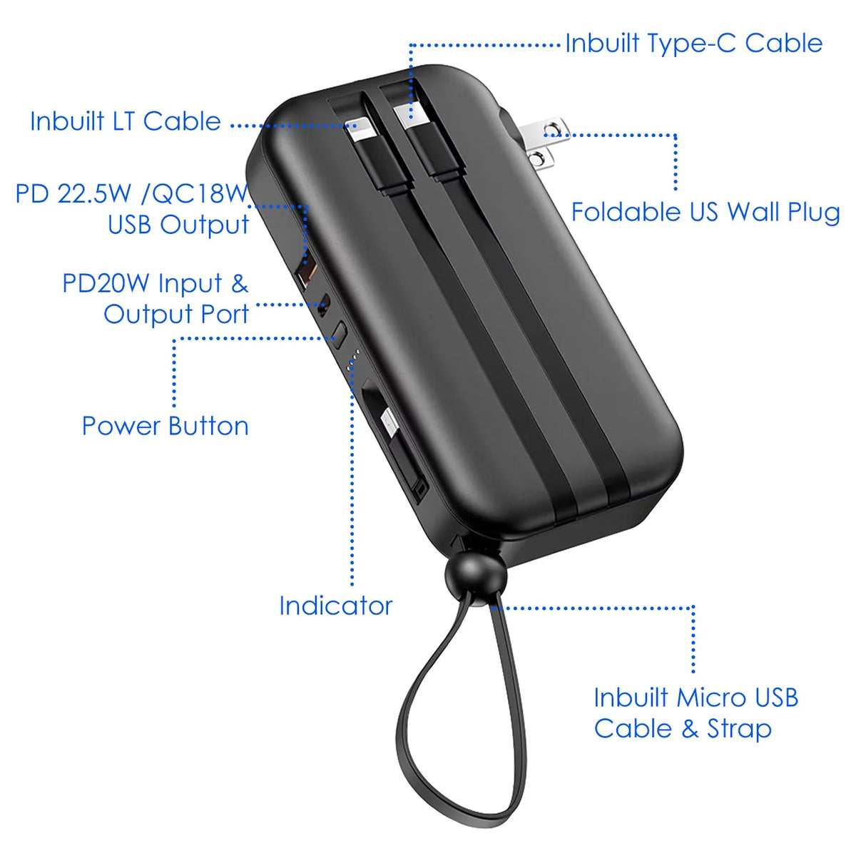 10000mAh iMounTEK Portable Charger 3 Inbuilt CablesType-C//Micro- PD20W QC18W Fast Charging 5 Outputs External Battery Pack Fit For IOSPhone 14 Android