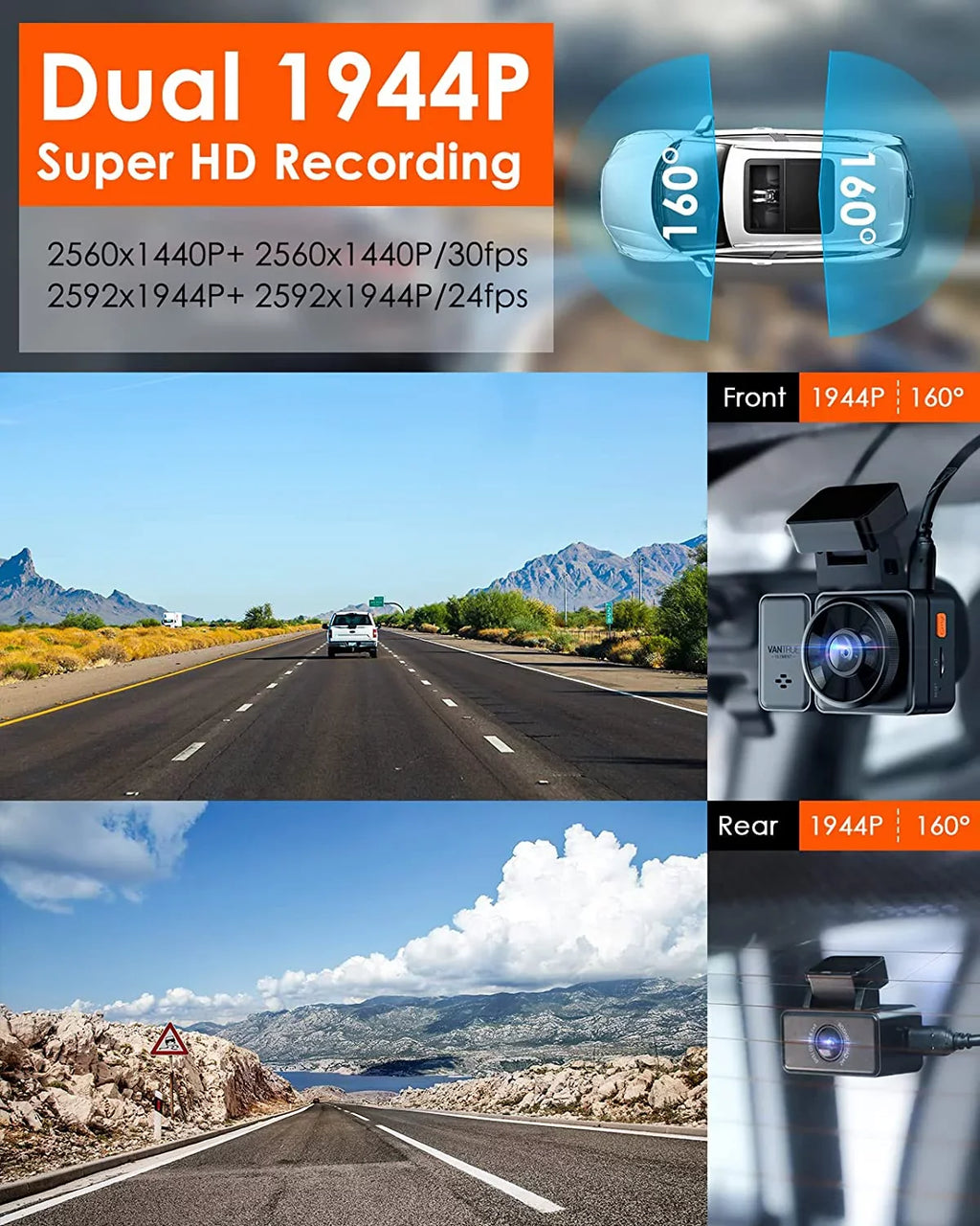 Vantrue E2 Dual 2.5K Front and Rear Dash Cam with 5G WiFi,  & Voice Control, 1944P+1944P Car Camera, 24hrs Buffered Parking Mode, Enhanced Night Vision, Motion Detection, Capacitor, Support 512GB