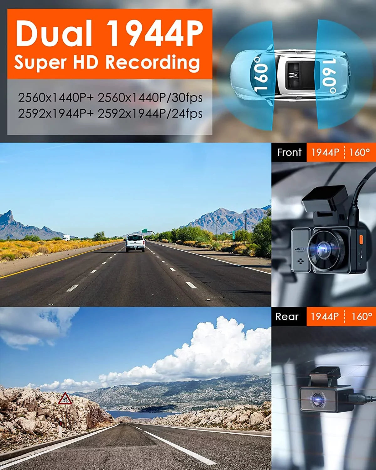 Vantrue E2 Dual 2.5K Front and Rear Dash Cam with 5G WiFi,  & Voice Control, 1944P+1944P Car Camera, 24hrs Buffered Parking Mode, Enhanced Night Vision, Motion Detection, Capacitor, Support 512GB