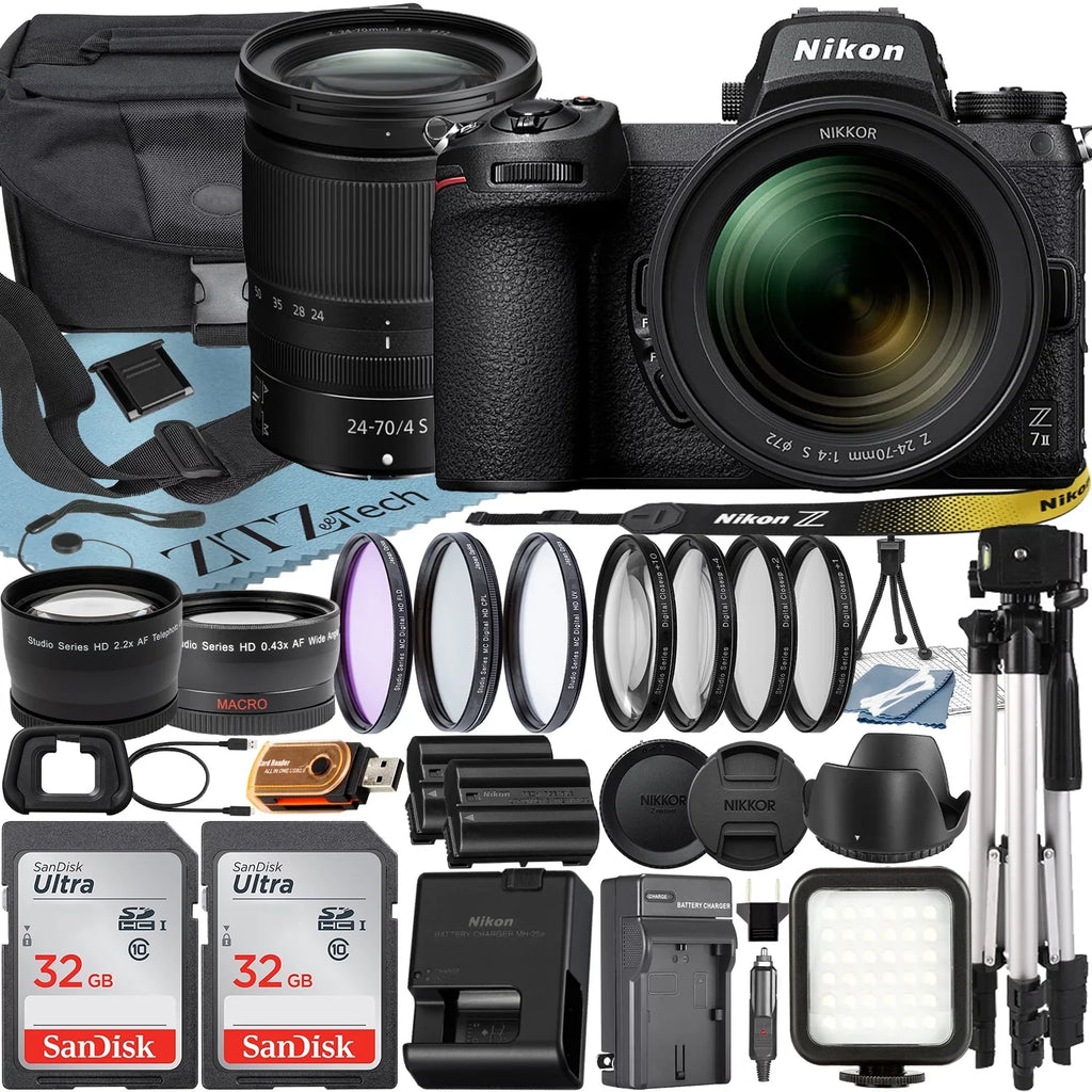 Nikon Z7  Mirrorless Camera with  Z 24-70mm f/4 S Lens + SanDisk 32GB Card + Case + Telephoto + Tripod + ZeeTech Accessory Bundle