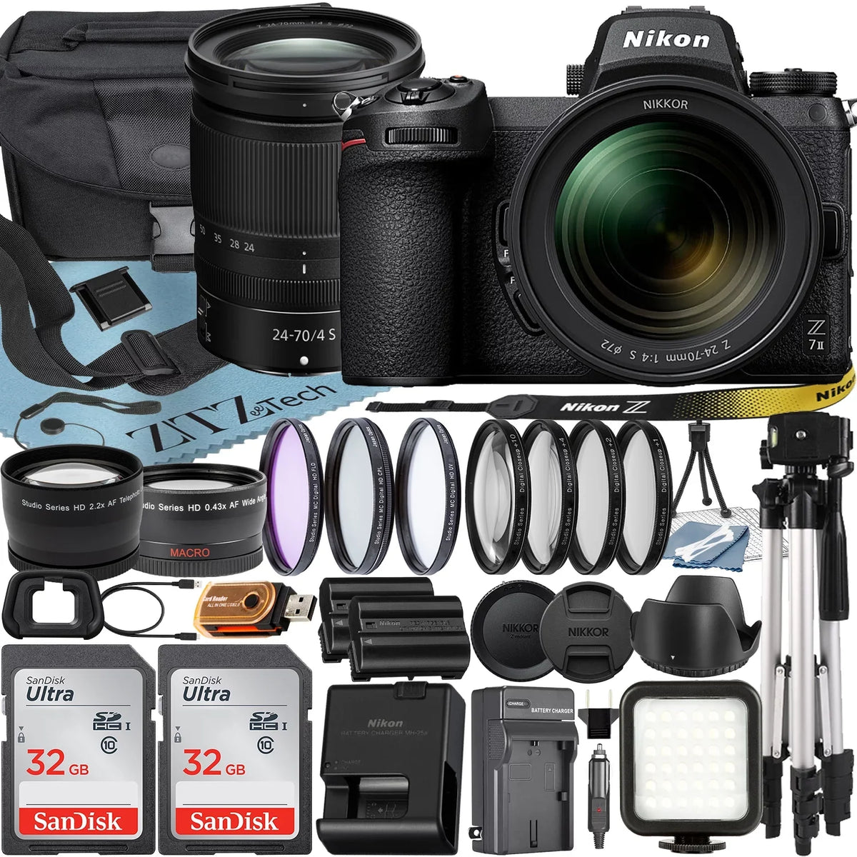 Nikon Z7  Mirrorless Camera with  Z 24-70mm f/4 S Lens + SanDisk 32GB Card + Case + Telephoto + Tripod + ZeeTech Accessory Bundle