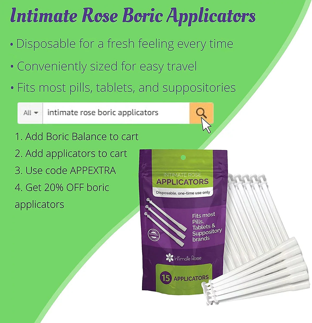Intimate Rose Boric Acid Suppositories, pH Balance for Women, Boric Acid Vaginal Suppositories for Yeast Infection, Vaginitis, Bacterial Vaginosis, 90-Count (600mg) + 21 Applicators - 100% made in