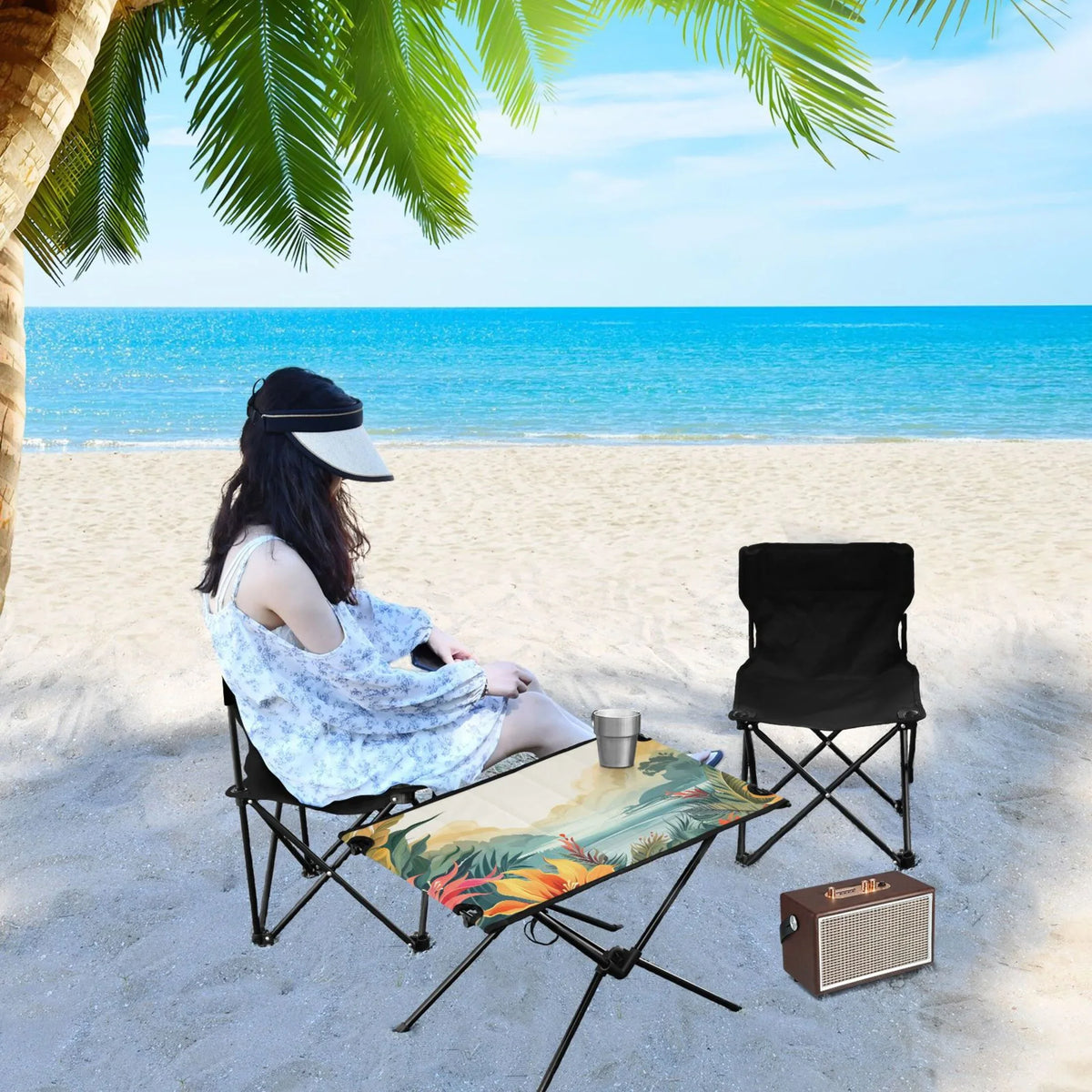 Palm Leaves Landscape Camping Folding Table Portable Beach Table with Storage Bag Compact Picnic Table for Outdoor Travel Fishing