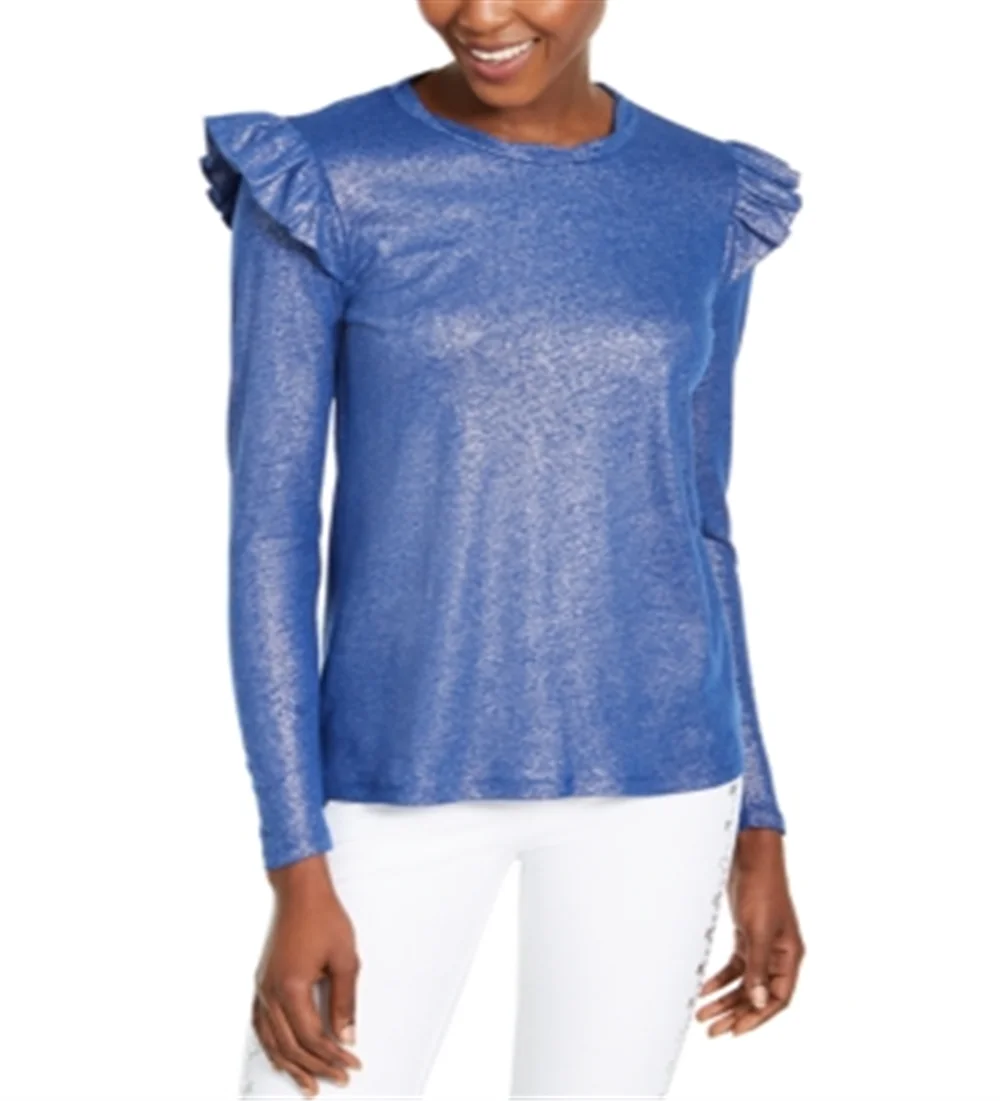 Womens Blue Ruffled Metallic Long Sleeve Jewel Neck Top Size: L