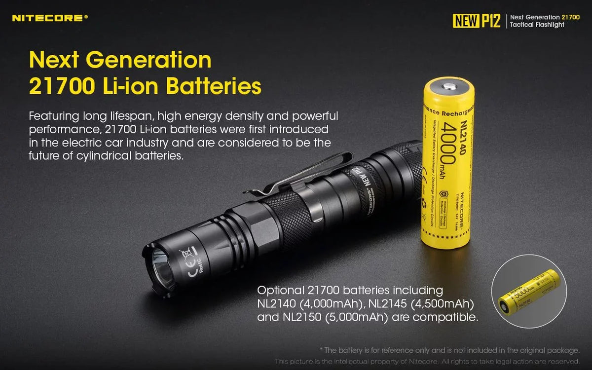 Nitecore New P12 Version  Flashlight - 1200 Lumens w/NL2150HPR Battery,  Cord, Offset Mount, RSW3 Pressure Switch,  and  3Amp Wall Adapter