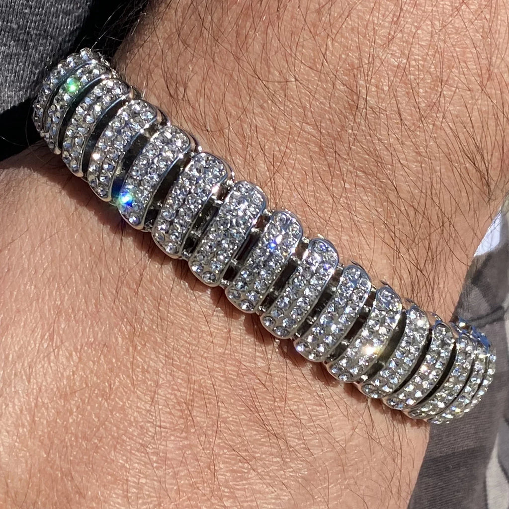 Mens Hip Hop Bracelet Micro Pave Iced Box Lock Silver Tone Bling Out 8.5" Inch x 16MM Thick