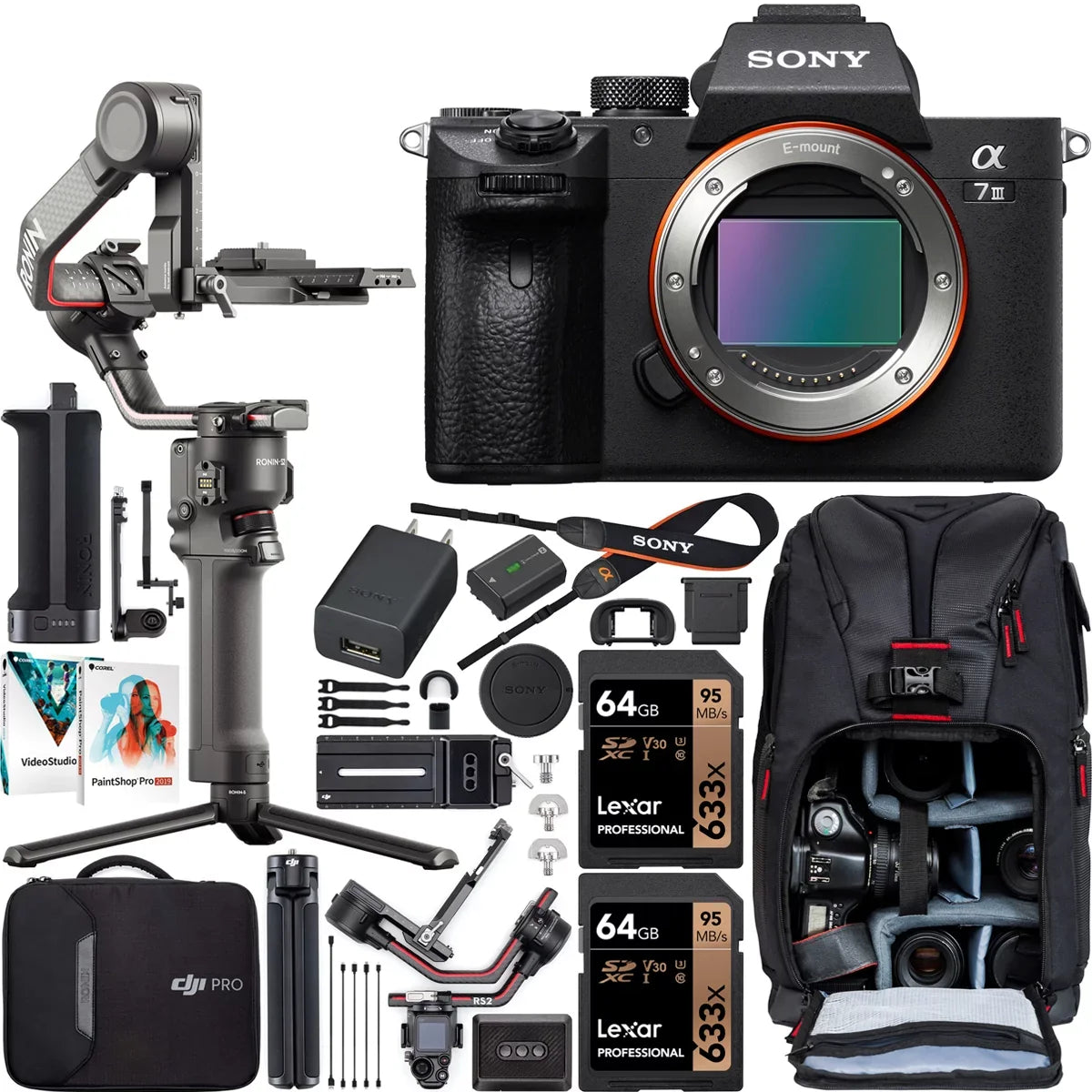 Sony a7  Full-Frame Alpha Mirrorless Digital Camera a7III Body -7M3 Filmmaker's Kit with   2 Gimbal 3-Axis Handheld Stabilizer Bundle + Deco Photo Backpack + Software