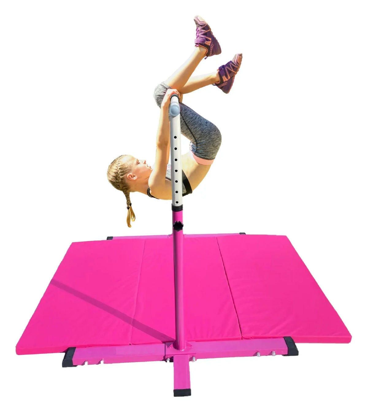Athletic Bar Expandable Gymnastics Kip Bar for Kids with 6’x4’ Gymnastics Mat and Cushioned Handrail, Height Adjustable 3 to 5  Horizontal Bar, Gymnastic Bar for Junior Gymnasts Training Bar Pink