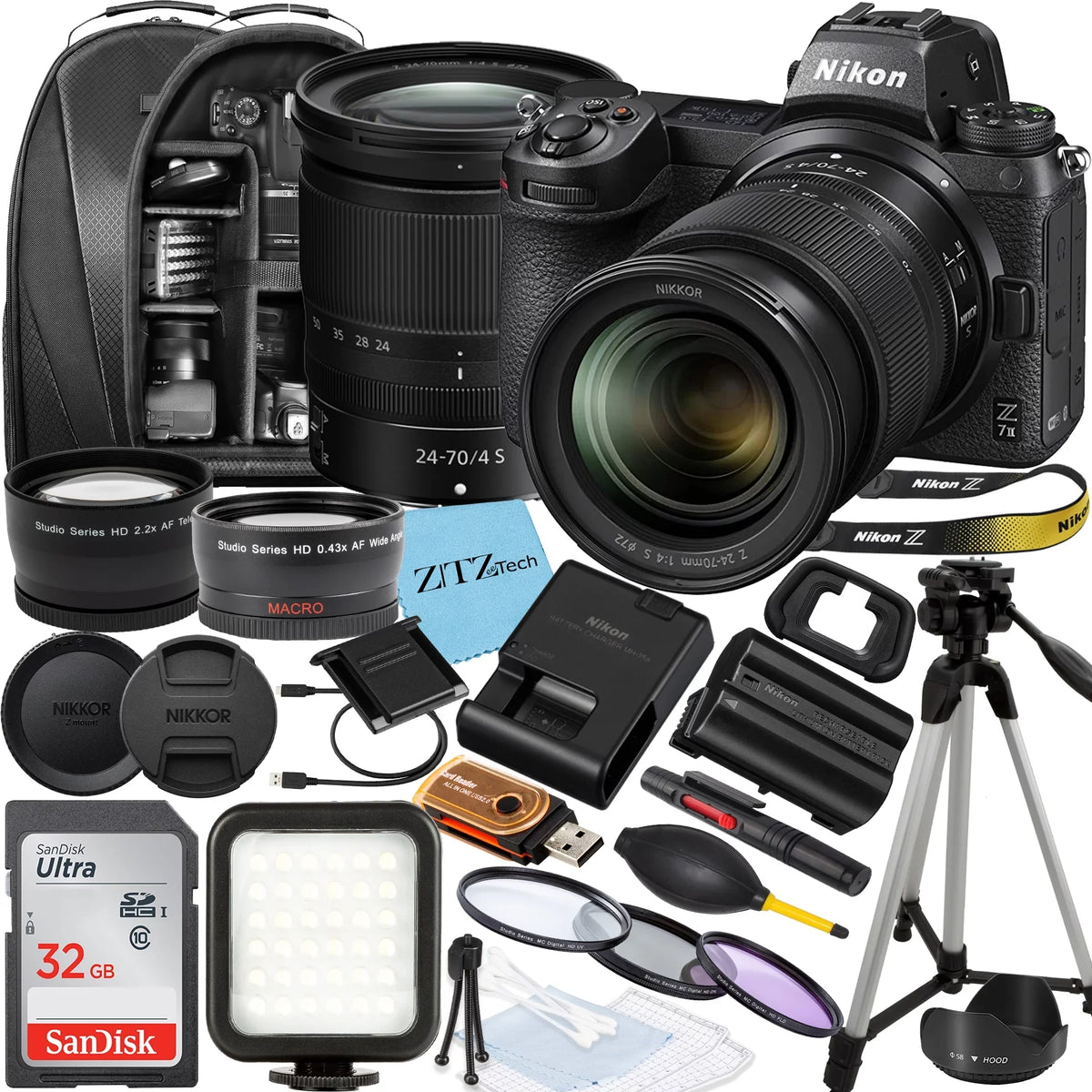 Nikon Z7  Mirrorless Camera with  Z 24-70mm f/4 S Lens, SanDisk 32GB Memory Card, Backpack, Flash, Tripod and ZeeTech Accessory Bundle