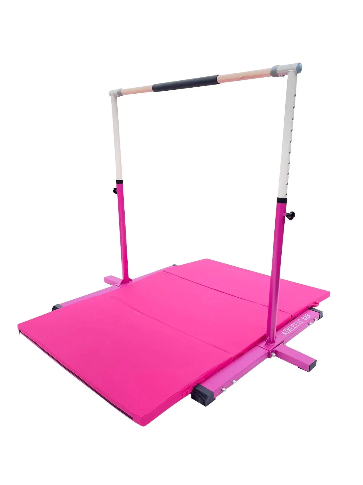 Athletic Bar Expandable Gymnastics Kip Bar for Kids with 6’x4’ Gymnastics Mat and Cushioned Handrail, Height Adjustable 3 to 5  Horizontal Bar, Gymnastic Bar for Junior Gymnasts Training Bar Pink