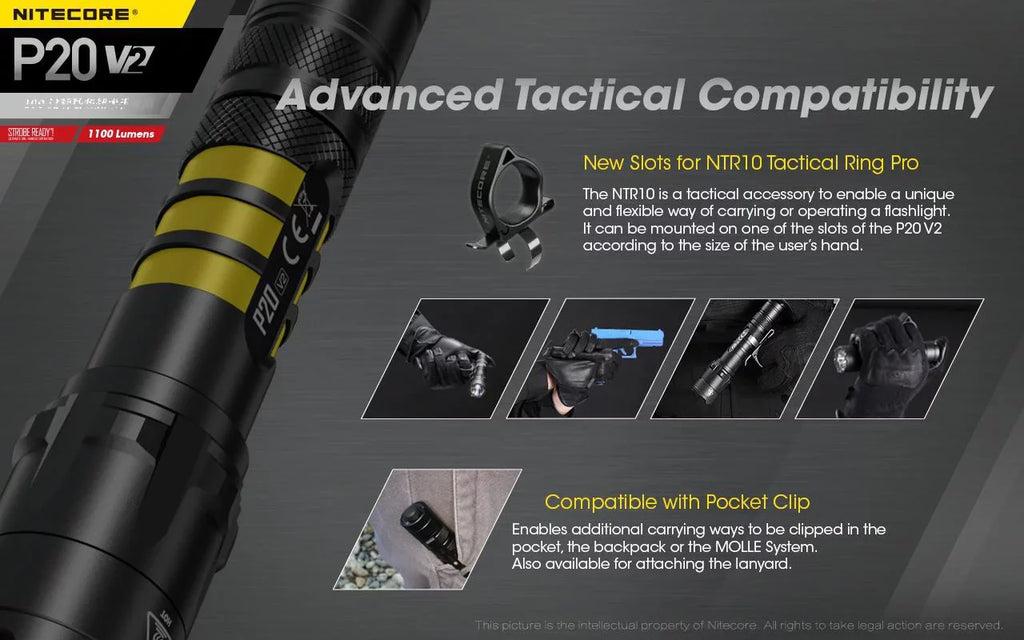 Combo: Nitecore P20 V2 Tactical  Flashlight -  -L2 V6 - 1100 Lumens w/NL189 Battery, D2 Charger +2x Free Eco-Sensa CR123A Batteries