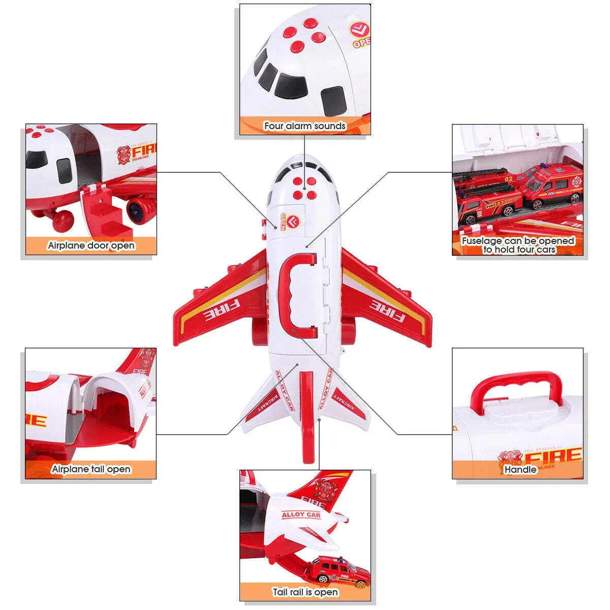 Airplane Toy Fire Truck Playset with Music and Lights, Transformable Airplane Storage Cart, 3-6 Years Old Boys and Girls Birthday Christmas Gift (Red)