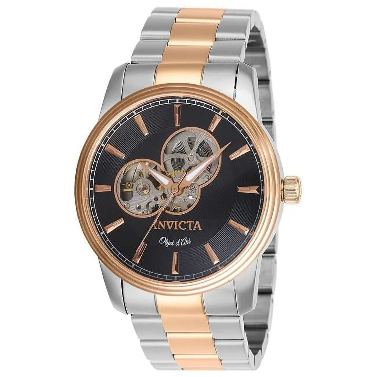 Mens Objet D Art Automatic 3 Hand Black Dial Watch with Steel & Rose Gold Tone