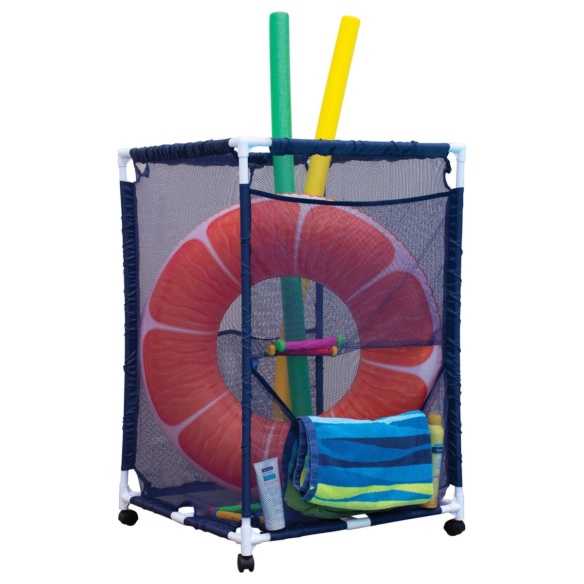 Pool Bins Pool Storage Organizer Mesh Rolling Pool Equipment Bin, Medium, (25.4" W X 25.4" L x 40" H) - Style -M200, Blue, -1513
