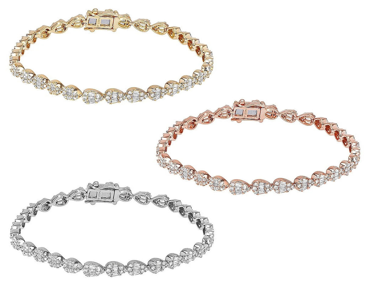 Tear Shaped Baguette Cluster 2.70  Diamond Tennis Link Bracelet Gold    4MM    7.75"