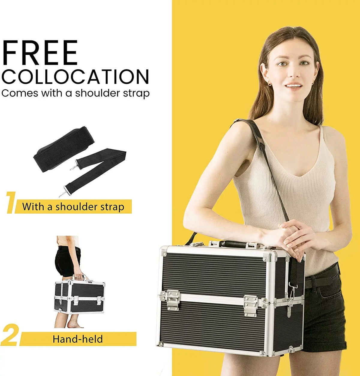 4 in 1 Makeup Rolling Train Case Aluminum Trolley Professional Cosmetic Organizer Box with Shoulder Straps 2 Keys Black(Cosmetic are not included)
