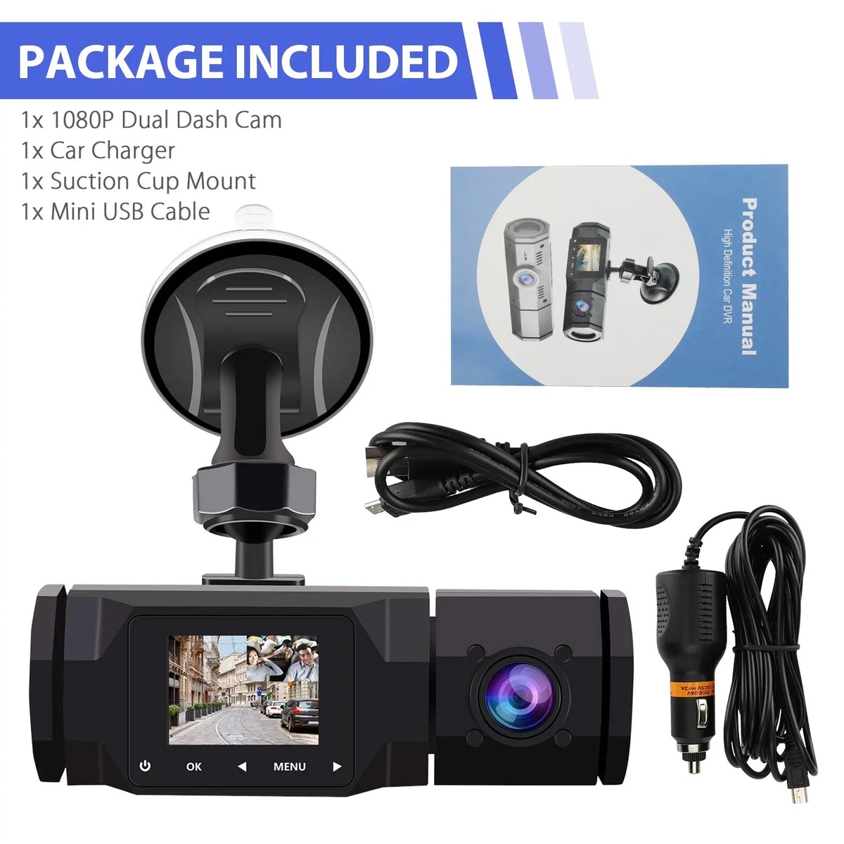Dual Dash Cam,  1080P Front Interior Dual Dash Camera  Night Vision Dashcam, Driving Recorder for Car, Taxi with Loop Recording, G-Sensor, Parking Mode