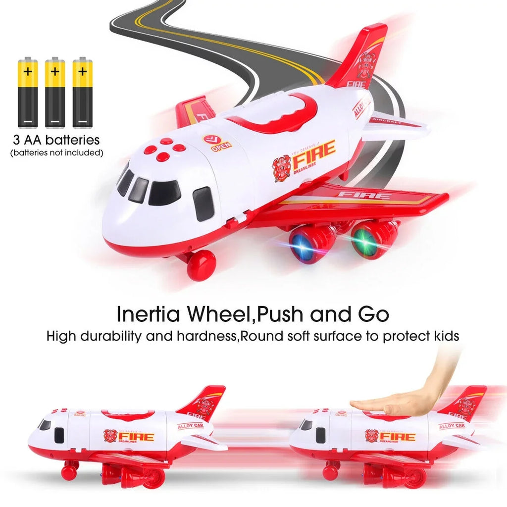 Airplane Toy Fire Truck Playset with Music and Lights, Transformable Airplane Storage Cart, 3-6 Years Old Boys and Girls Birthday Christmas Gift (Red)