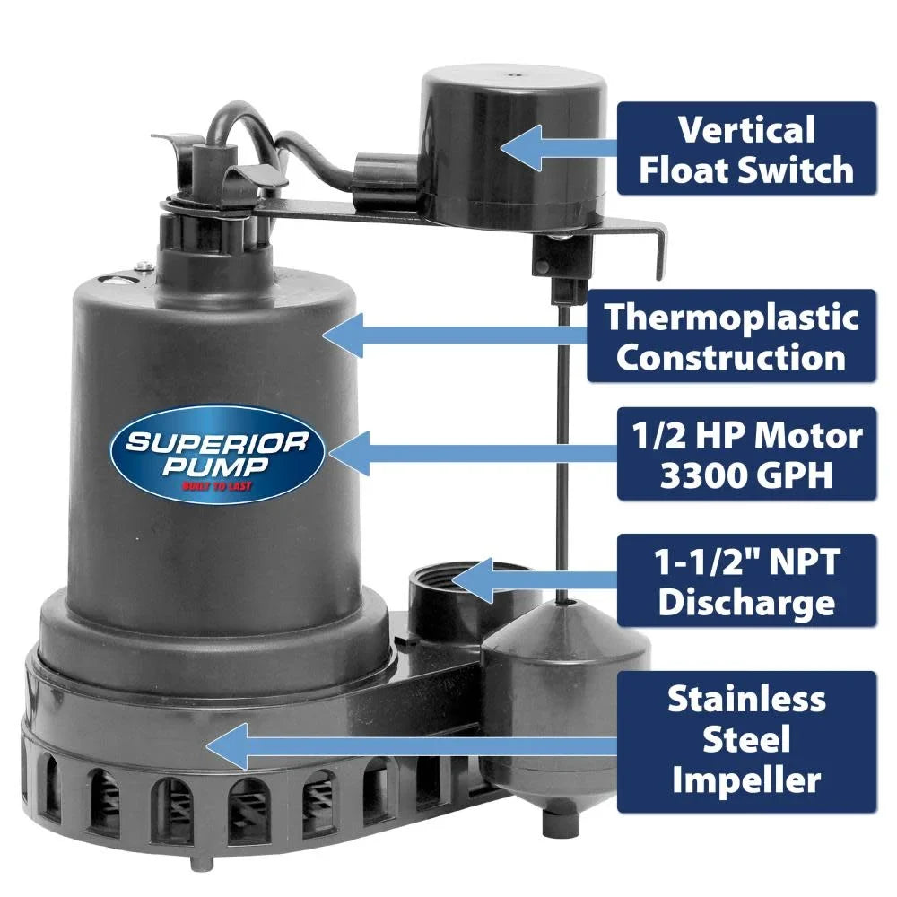 Superior Pump 92572 1/2  Thermoplastic Submersible Water Sump Pump with Vertical Float Switch, Black
