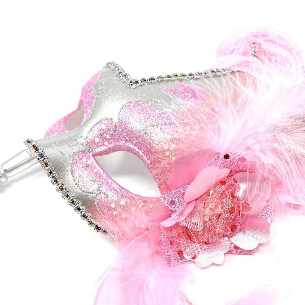 Women Lady Girls Costume Holding Stick Venetian Feather mask Masquerade Mask Halloween Mardi Gras Cosplay Wedding Party