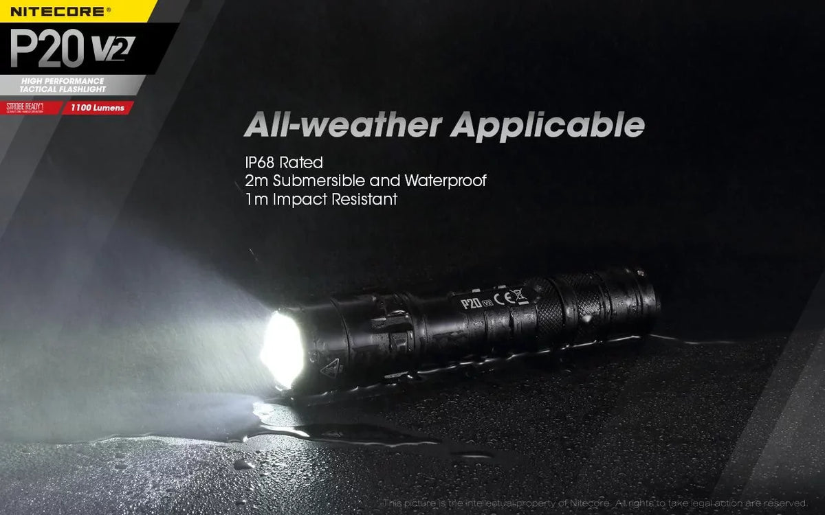 Combo: Nitecore P20 V2 Tactical  Flashlight -  -L2 V6 - 1100 Lumens w/NL189 Battery, D2 Charger +2x Free Eco-Sensa CR123A Batteries