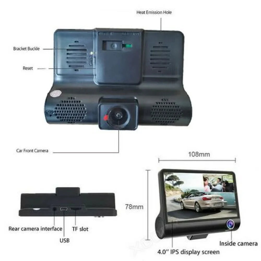 1080P 4" Dual Lens  Car  Rearview Video Dash Cam Recorder Camera G-Sensor