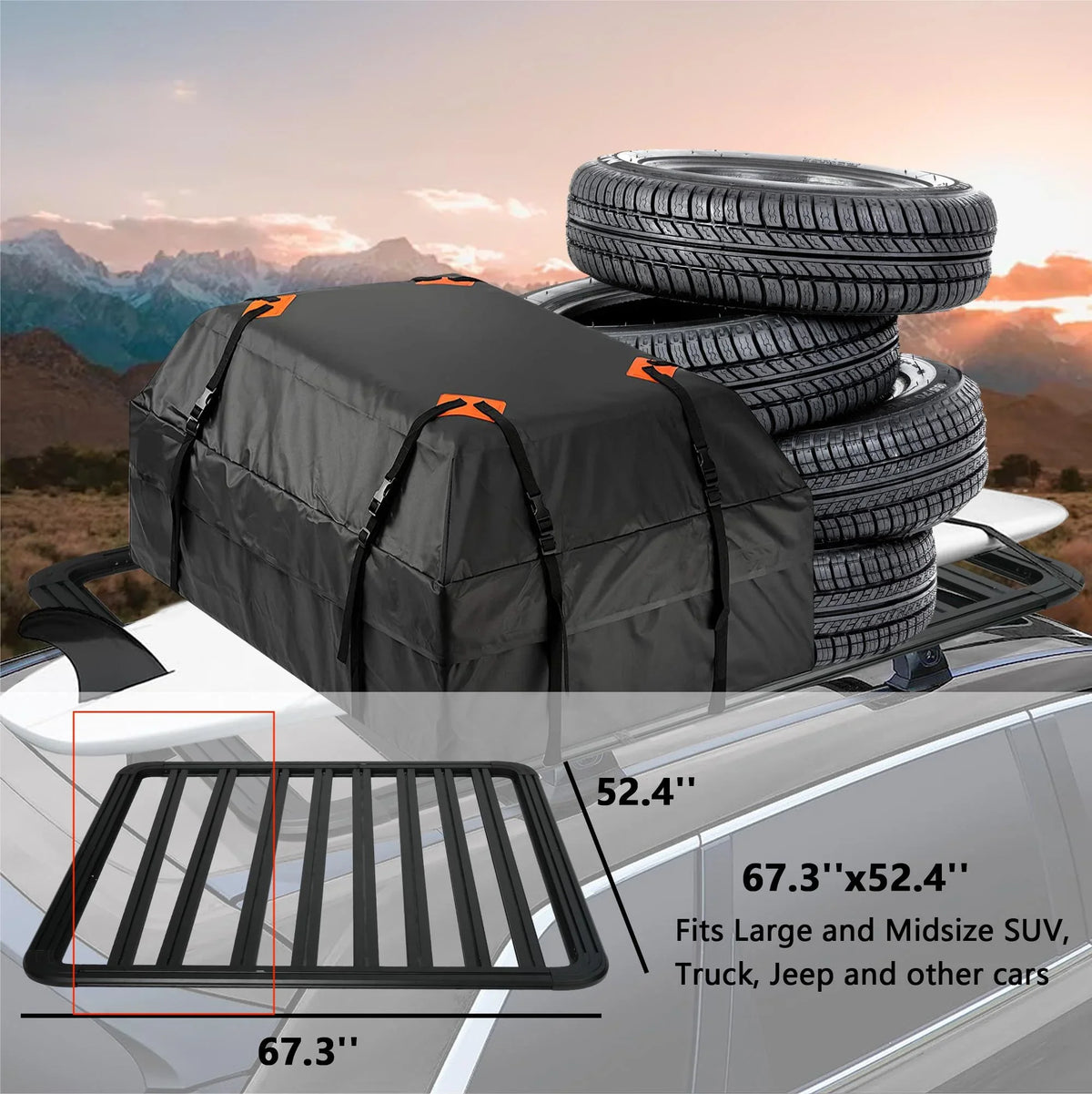 67"x52" Aluminum Car Roof Platform, Universal Rooftop Cargo Carrier System Max 660lbs Load, Black Fits for  Truck Cars