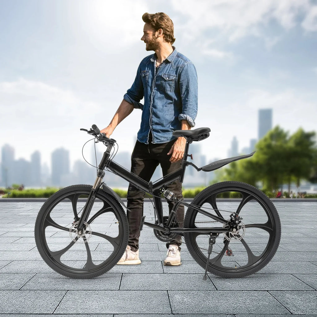 Folding Mountain Bike, 26" 21-Speed Height Adjustable Steel Frame Shifter City Bicycle for Men & Women Double Disc Brake Black