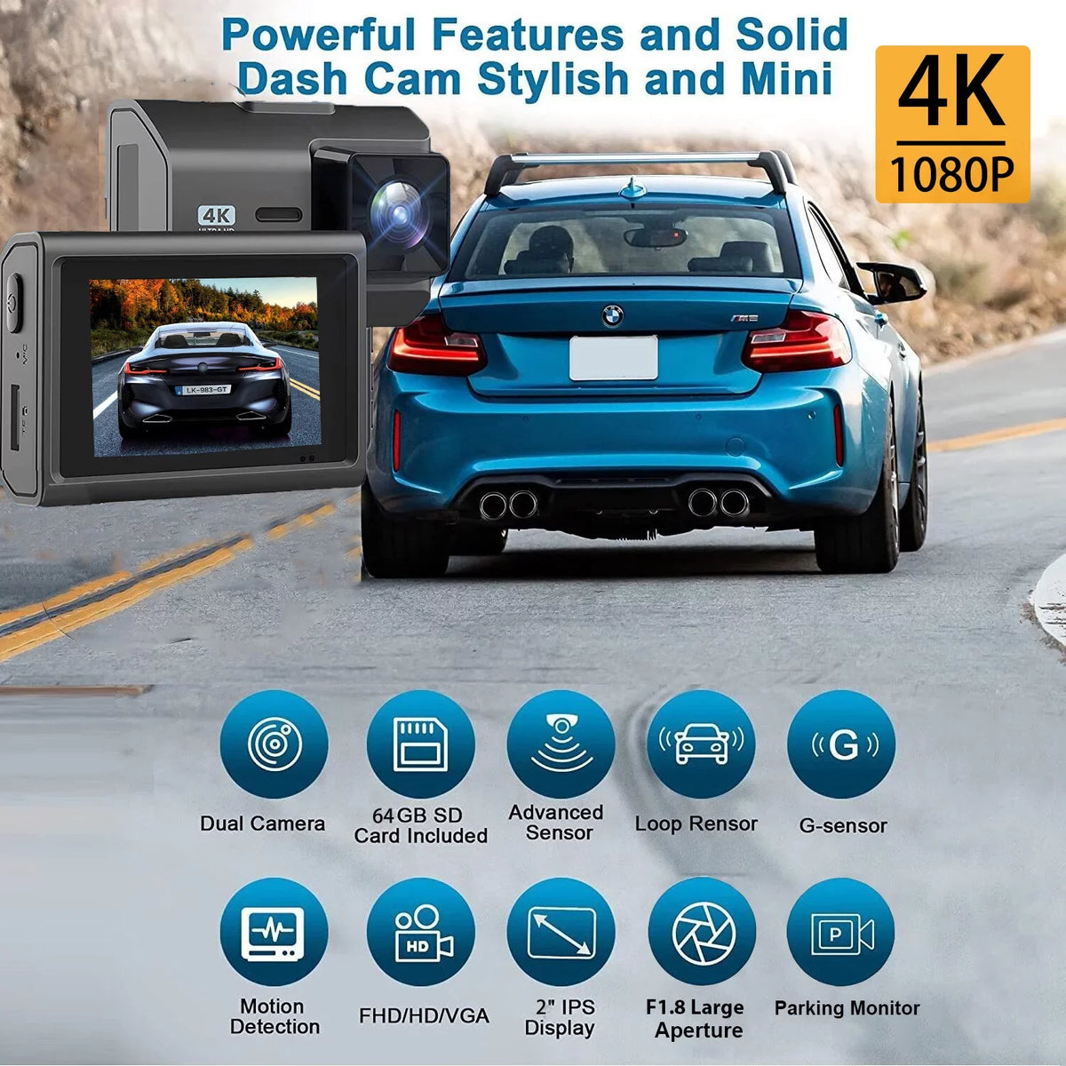 4K Front and Rear Dash Cam for Cars, Dual Dash Cam with  Card, 2 Inch Dash Camera with  , Night Vision, Loop Recording, Parking Mode, Wide Angle, 64GB  Card Included
