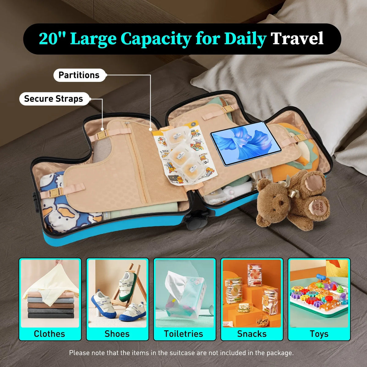 20" Kids Ride On Suitcase, Portable Spinner Wheels Trolley Luggage Blue Horse Shape Kids Travel Suitcase