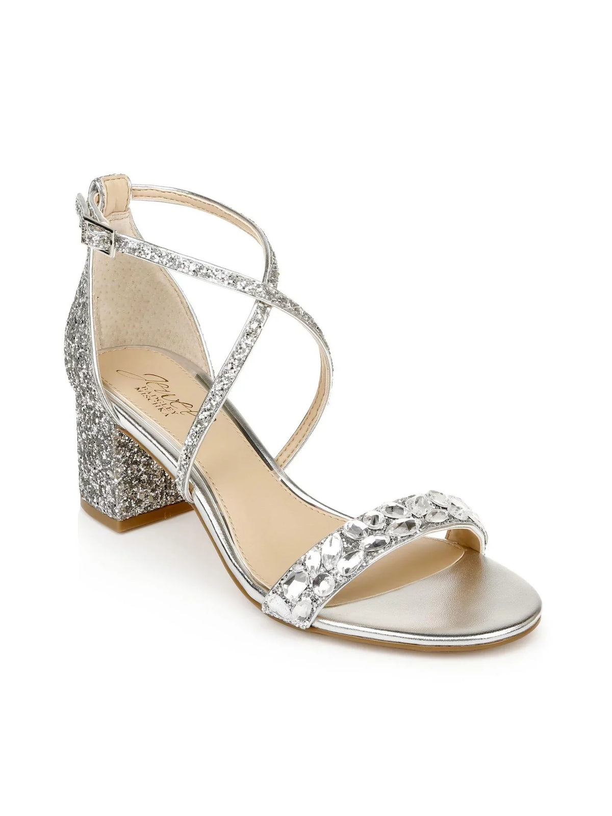 Womens Silver Embellished Glitter Claudia Round Toe Block Heel Buckle Dress Heeled Sandal 8.5 M