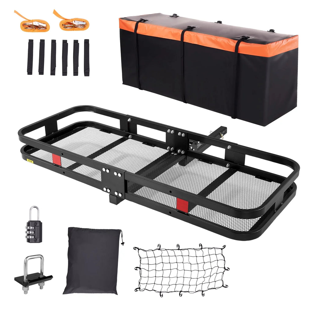 Hitch Mount Cargo Carrier 60x24x6in 500lb Foldable Steel Cargo Basket with Waterproof Bag Cargo Net Ratchet Straps Fits 2" Receiver