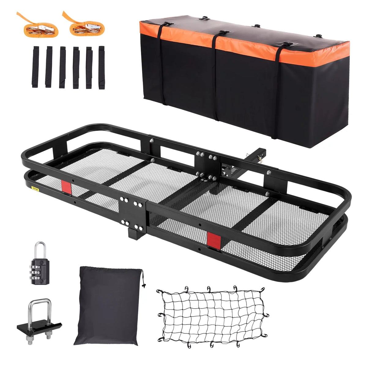 Hitch Mount Cargo Carrier 60x24x6in 500lb Foldable Steel Cargo Basket with Waterproof Bag Cargo Net Ratchet Straps Fits 2" Receiver
