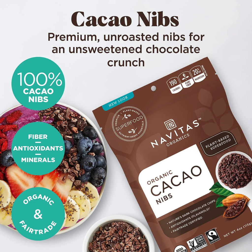 (Pack of 1) Navitas Organics Raw Cacao Nibs 8 oz. Bag 8 Servings Organic Non- Fair Trade Gluten-Free